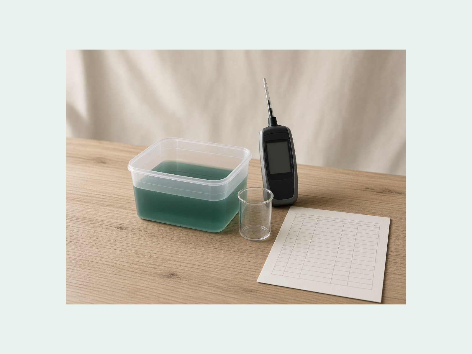 Still-life of a nutrient reservoir, a handheld probe with an unused display, and a blank log sheet on a wooden bench