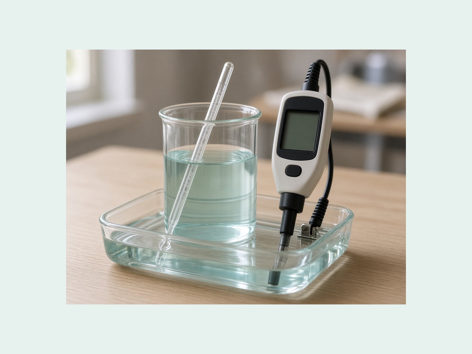 A beaker of nutrient solution in a shallow water bath with an analog thermometer and a probe whose display is blank or showing unused segments.