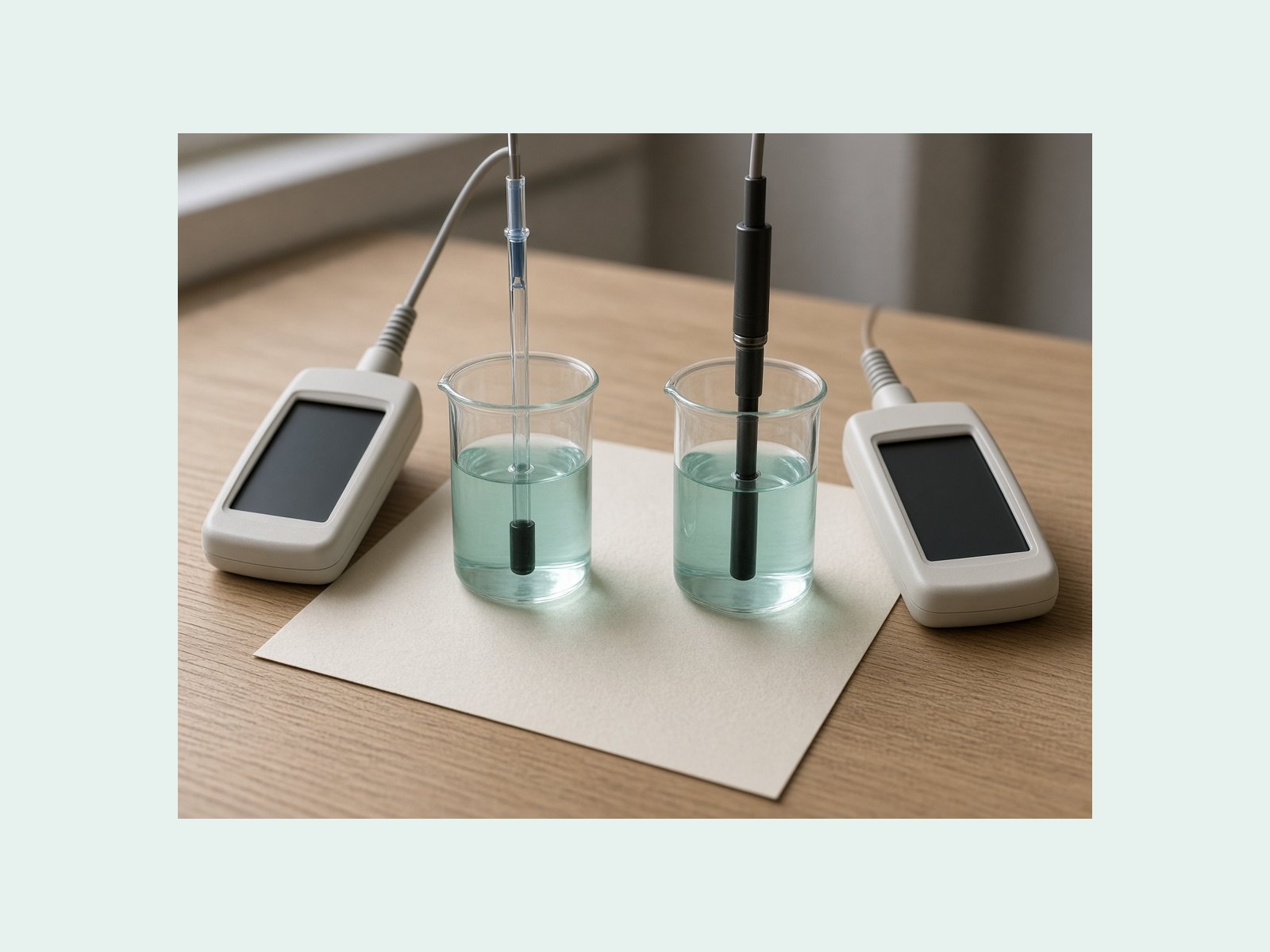 Two small beakers of the same pale nutrient solution, one with a pH electrode and one with a conductivity probe. The meter displays are blank or showing unused segments.