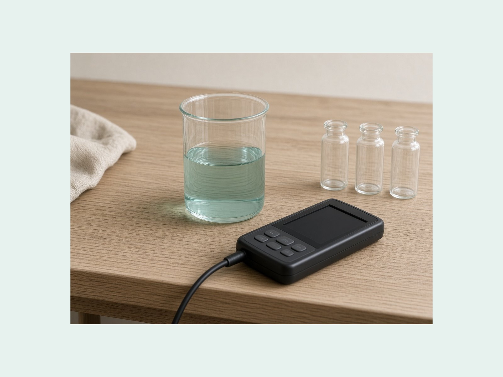 One beaker of nutrient solution beside a handheld meter whose display is blank or showing unused segments, and three small empty vials.